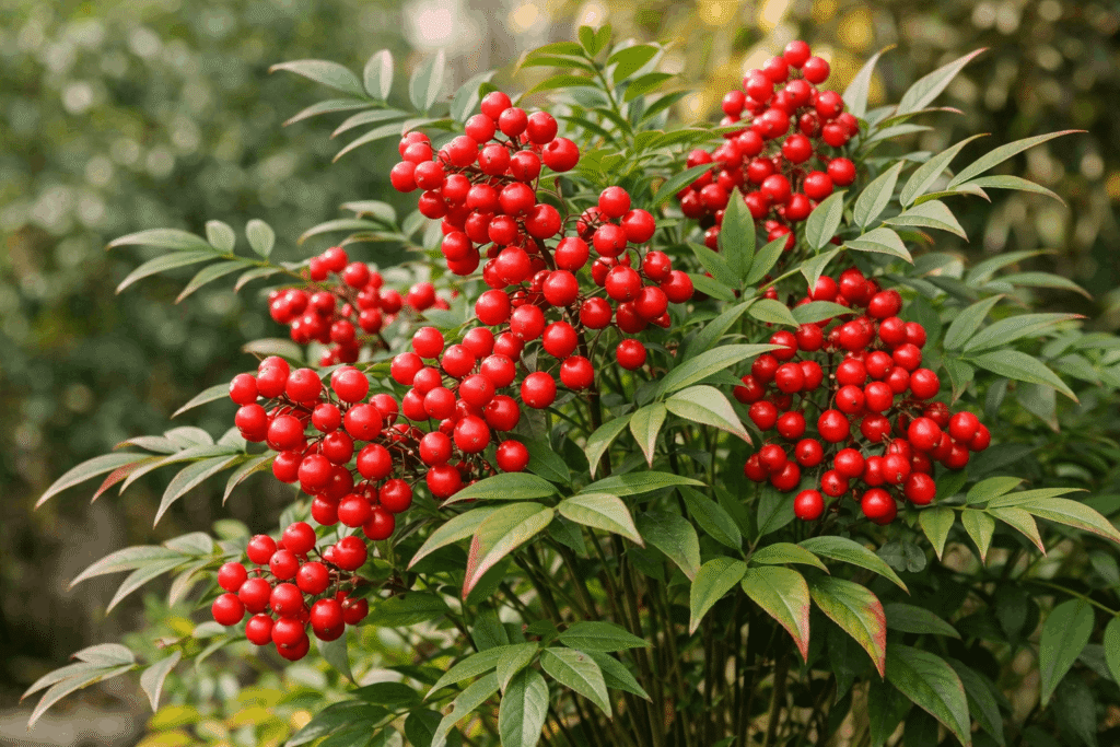 Heavenly Bamboo Nandina domestica with red berries highly toxic and dangerous for cats