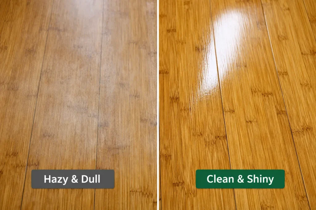 Bamboo floor surface showing cloudy haze residue from overused floor cleaner