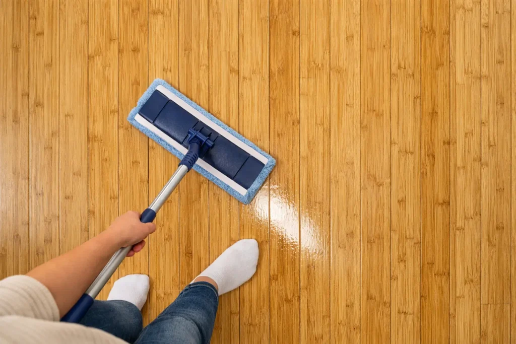 Person mopping bamboo flooring with a barely damp microfiber mop along the grain