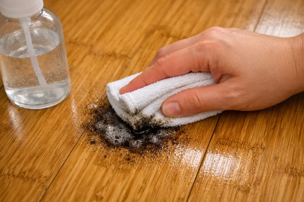 Hand using soft cloth to remove a dark stain from bamboo flooring
